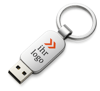 Silberner USB-Stick mit Schlüsselring und farbigem Logoaufdruck.