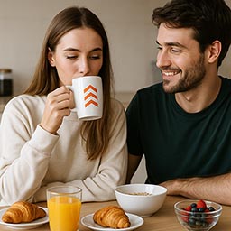 Junges Paar sitzt am Frühstückstisch, die Frau trinkt aus einem weißen Becher mit orangem Logo, vor ihnen Croissants, Saft und Müsli.
