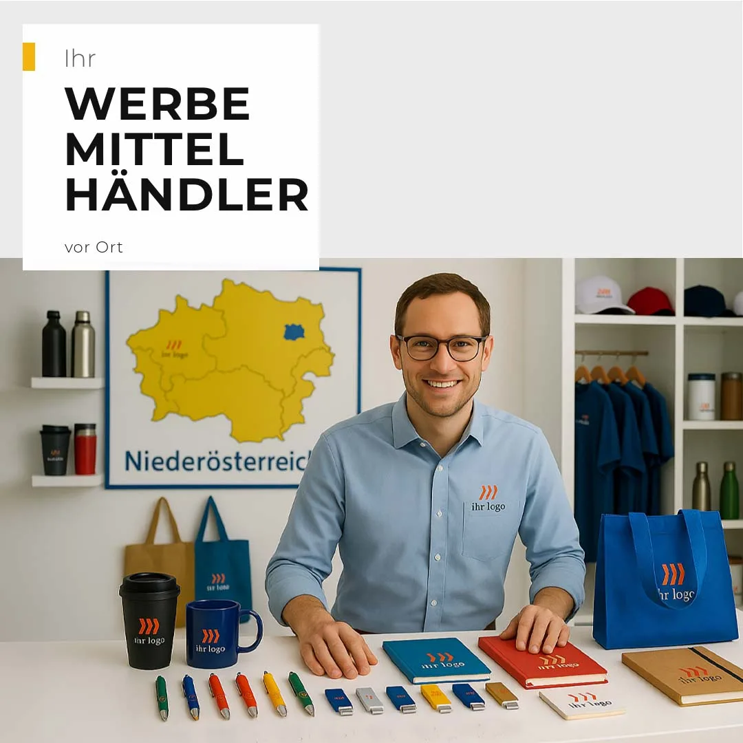Niederösterreichischer Werbemittelhändler präsentiert eine Auswahl gebrandeter Werbeartikel.
